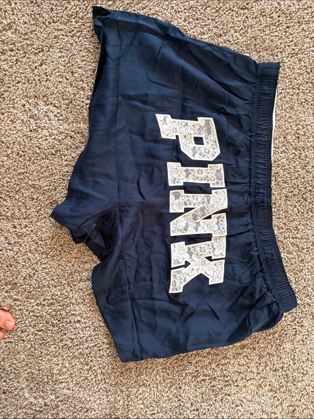 PINK Victoria's Secret Navy Satin Lounge Shorts with White Lace Logo